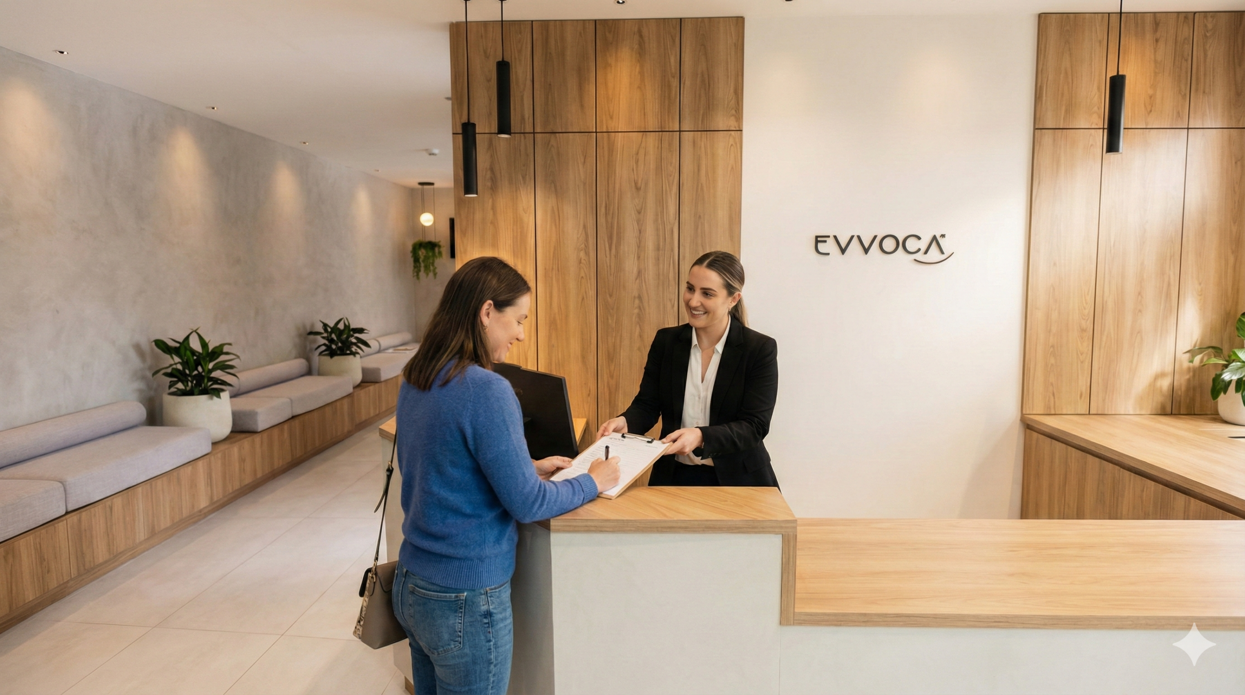 Recepción moderna de EVVOCA en Mérida Venezuela, espacio profesional para odontólogos y atención a pacientes.